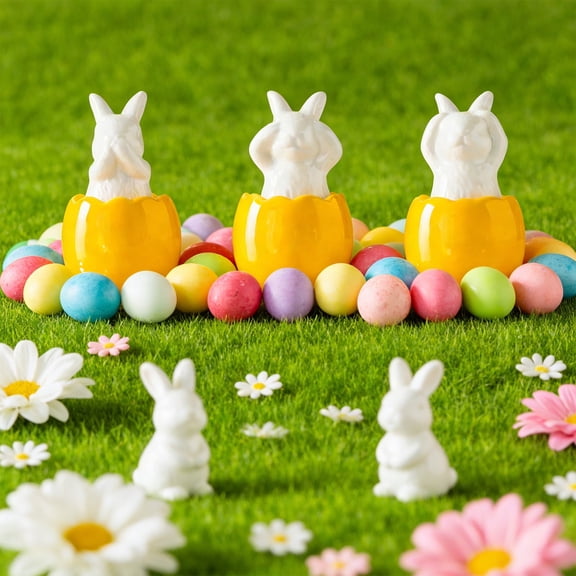 Sruoe Ceramic Easter Bunny in Egg Figurine, White Rabbit in Yellow Cracked Egg Shell Tabletop Ornament, Easter Decorations for Home Spring Farmhouse Gift for Mantel Garden