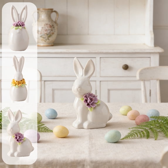 Sruoe Ceramic Easter Bunny with Flower, Easter Decorations for Home Easter Bunny Tabletop Decoration, Lovely Holiday Decor Farmhouse Gift for Mantel Shelf