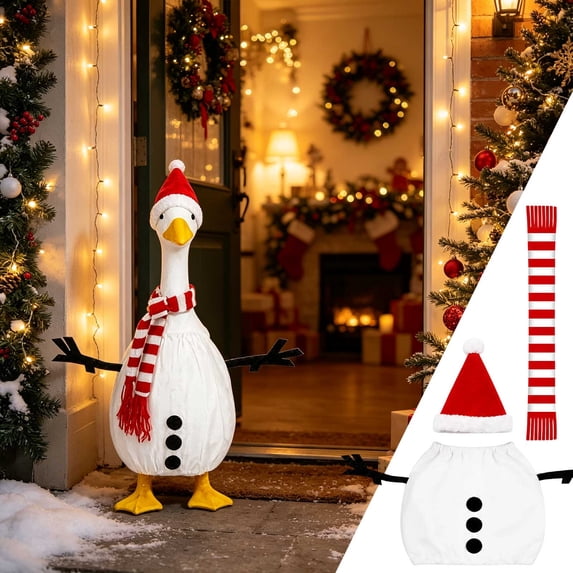 Sruoe Christmas Porch Goose Outfits, 23" Snowman Porch Goose Clothes with Red‑White Striped Tassel Scarf for Cement Goose, Lawn Goose Clothing for Yard Patio Decoration, Garden Goose Costume