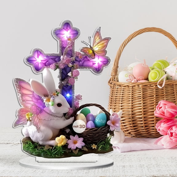 Sruoe Easter Bunny Flat Acrylic Ornament, 2D Winged Rabbit with Cross & Egg Basket, Light-Up Tabletop Decoration, Easter Home Decor Farmhouse Gift for Party