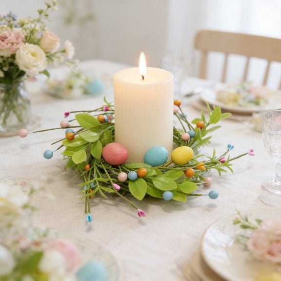Sruoe Easter Decor Artificial Floral Candle Wreath, Easter Wreath 12 Inch Table Centerpiece for Pillar Candles, Easter Decorations for Wedding Party Home Decor