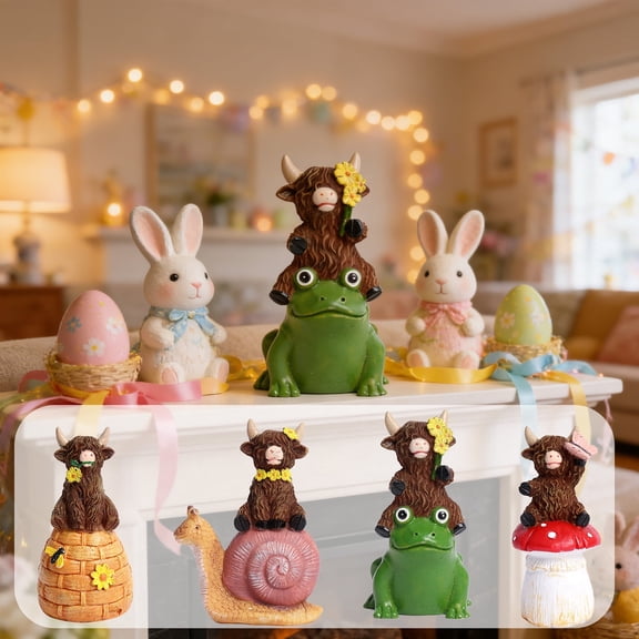 Sruoe Easter Highland Cow Resin Figurine, Highlands Yak Statue, Cute Cow Riding Frog Resin Statue with Flower, Holiday Gift Spring Ornament Festive Spring Decor for Home Tabletop & Garden