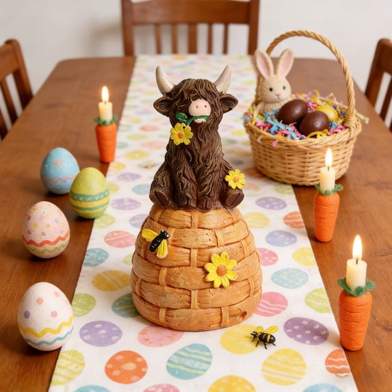 Sruoe Easter Highland Yak Figurine, Highland Cow Decor Cute Cow on Beehive Resin Statue with Flowers & Bees, Perfect for Holiday Home Decor Mantel & Outdoor Displays