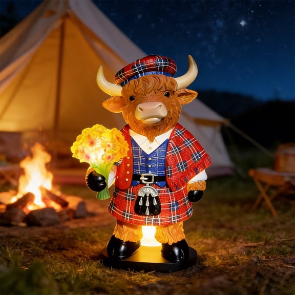 Sruoe Easter Highland Yak Figurine, Highland Cow Decor with LED Tree, Lighted Scottish Highland Cow, Perfect for Holiday Home Decor Mantel & Outdoor Displays