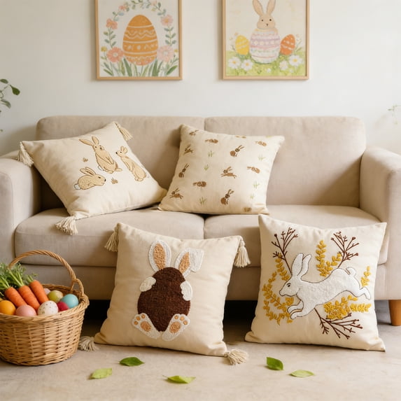 Sruoe Easter Pillow Covers, 18x18" Decorative Pillow Covers Bunny with Tassel, Easter Decor Easter Decorations Rabbit Bunny Throw Pillowcase for Couch Chair Sofa Bed