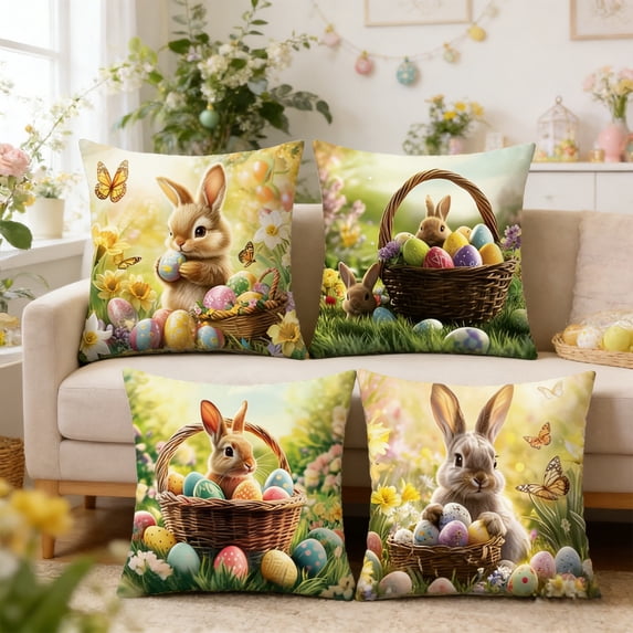 Sruoe Easter Rabbit Pillow Covers Set of 4, 18x18 Inch Decorative Throw Pillow Sham with Bunny, Farmhouse Rabbit Pillowcases for Couch Sofa Bedroom Holiday Festivals Home Decoration