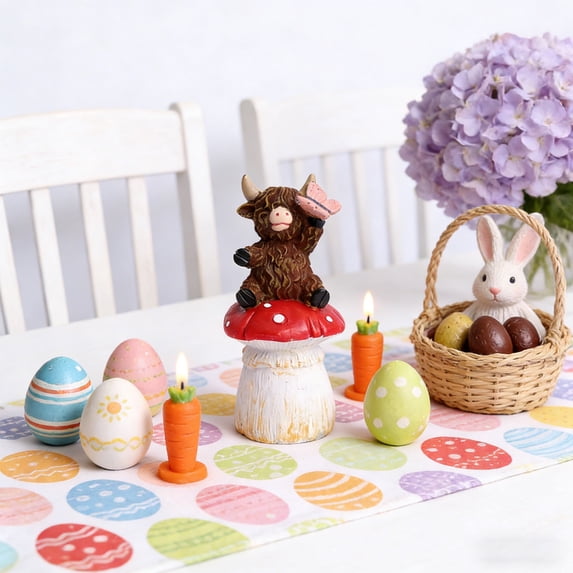 Sruoe Easter Red Highland Cow Resin Figurine, Highlands Yak Statue with Mushroom, Holiday Gift Spring Ornament Festive Spring Decor for Home Tabletop & Garden