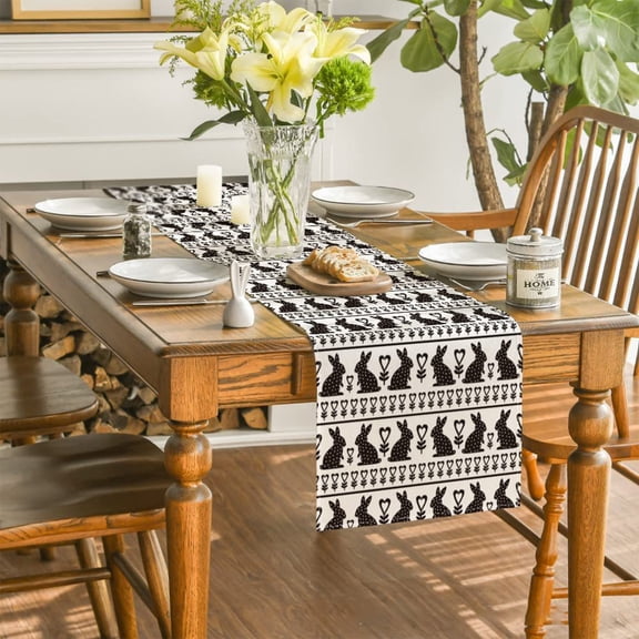 Sruoe Easter Table Runner, Black Bunny Rustic Farmhouse Table Runner, 13x36 Inch Decor for Kitchen Dining Table Home Party Wedding Decor Holiday Decorations Spring Gift