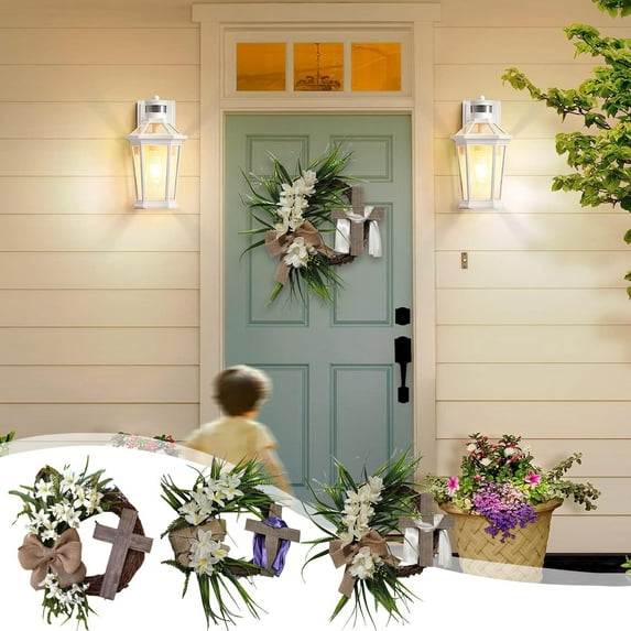 Sruoe Easter Wreath with Cross Burlap Bow, Wreath for Front Door, 15"Spring Wreath, Family Women Gifts, Wreaths for Front Door for Home Wall Indoor Window Decor