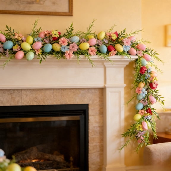 Sruoe Easter Wreath Spring Vine Garland with Faux Eggs, 75-Inch Artificial Spring Vine Decor, Easter Garland for Mantle Door Wall Patio, Easter Decorations for Indoor Outdoor Holiday Decoration