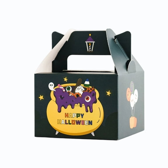 Sruoe Halloween Candy Box, Paper Trick Or Treat Container with Built-In Handle, Cartoon Pumpkin Ghost Skull Print Cookie Storage Carton, 10 Pack Halloween Party Favor Gift Packaging Box