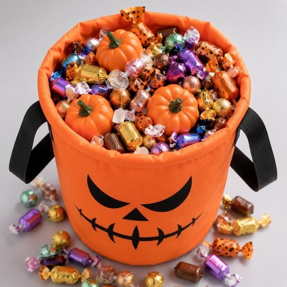 Sruoe Halloween Candy Bucket, LED Light Up Trick or Treat Pail With Strap, Fabric Pumpkin Candy Basket, Foldable Halloween Candy Holder Storage Bag for Halloween Party Supplies Decoration Props
