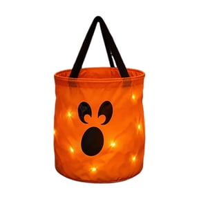 Sruoe Halloween Candy Bucket, LED Light Up Trick or Treat Pail With Strap, Fabric Pumpkin Candy Basket, Foldable Halloween Candy Holder Storage Bag for Halloween Party Supplies Decoration Props