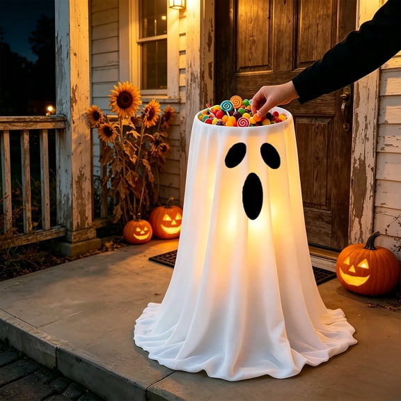 Sruoe Halloween Candy Bucket, Light Up Ghost Floor Candy Bowl Stand with Remote Control, Large Trick or Treat Candy Holder, Glowing Floor Decor Rack for Halloween Yard Front Door Party Decorations