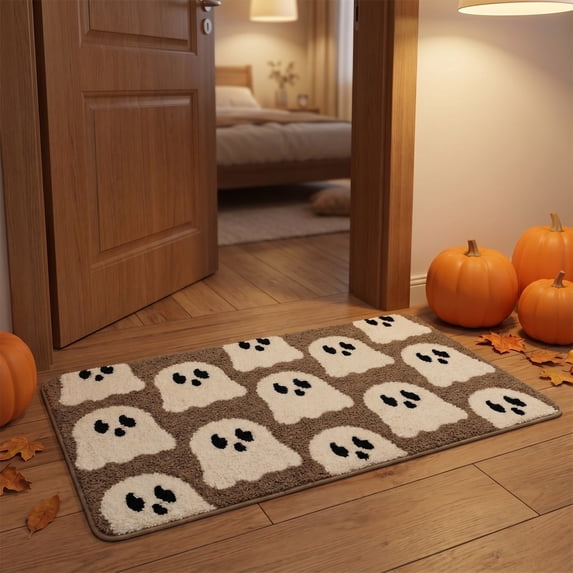 Sruoe Halloween Cute Ghost Faux Flock Bath Mat, 19.69"x31.5", Super Absorbent Stain Resistant Indoor Entryway Holiday Carpet