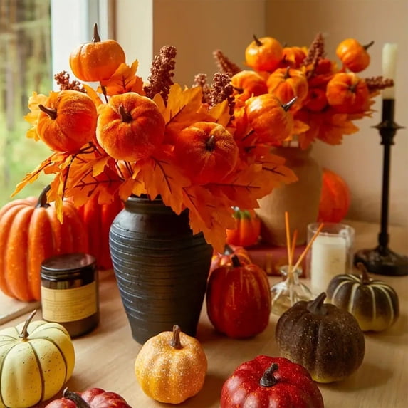 Sruoe Halloween Decorations Pumpkin Bouquet Autumning Thanksgiving Fluffies Maple Leaf Pumpkin Branch Decoration