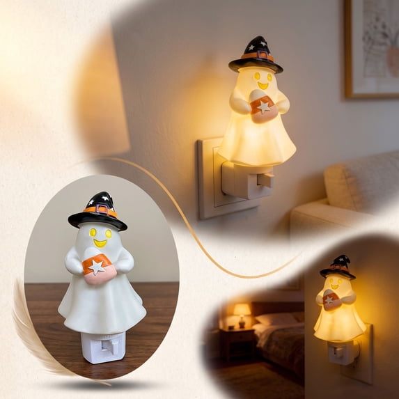 sruoe Halloween Ghost Plug-in Night Light Witch Hat Ghost LED Lamp Candy Ghost Wall Plug Nightlight Seasonals Bedroom Decorative Light