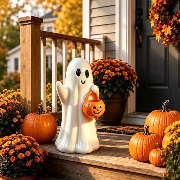 Sruoe Halloween Ghost Statue with Pumpkin Candy Bowl Outdoor Ghost Figurine Halloween Candy Decoration for Porch Yard Patio Indoor Decor