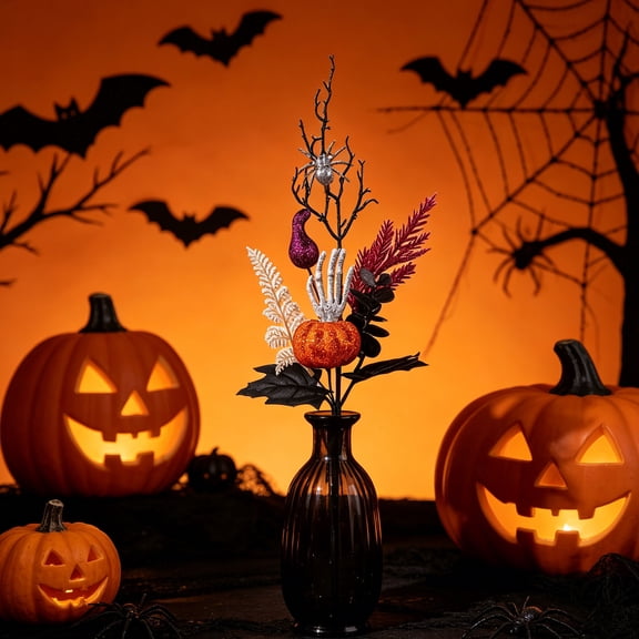 Sruoe Halloween Gothic Floral Pick Inserts Multi Style Skull Pumpkin Maple Leaf Plastic Stem Decor for Vase Centerpiece Wreath DIY Gift Box Shelf Display Halloween Floral Arrangement Supplies