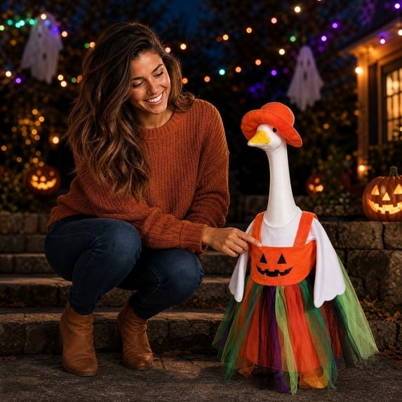 Sruoe Halloween Porch Goose Outfits, 23 In Pumpkin Dress with Hat Porch Goose Clothes, Porch Goose Halloween Outfit, Goose Clothes Dress, Duck Clothes for Lawn Yard Patio Party Decoration