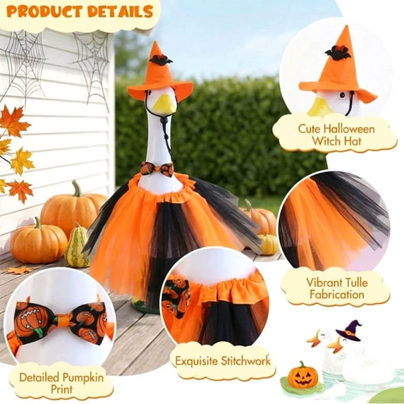 Sruoe Halloween Porch Goose Outfits, 23" Witch Hat Bow Skirt Outfit Porch Goose Clothes for Lawn Yard and Patio Decoration, Lawn Goose Clothing for Cement Lawn Goose Outfit, Garden Goose Costume