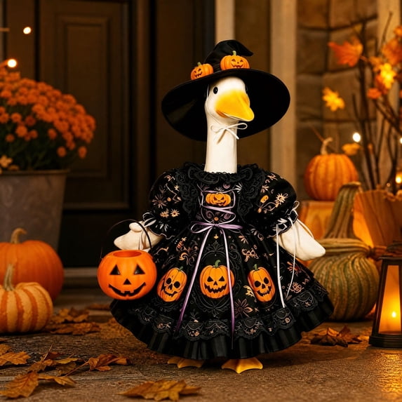 Sruoe Halloween Porch Goose Outfits with Witch Hat, 23" Porch Goose Clothes for Lawn Yard and Patio Decoration, Lawn Goose Clothing for Cement Goose Lawn Goose Outfit, Garden Goose Costume