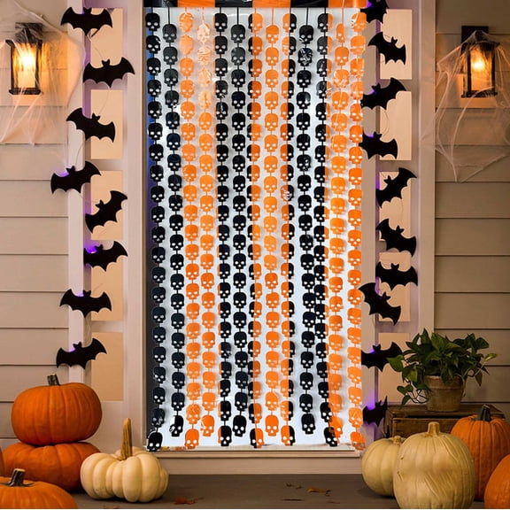 Sruoe Halloween Skull Rain Curtain Backdrop 78.74x39.37in Waterproof Plastic Hanging Streamer for Doorway Aisle Entryway Photo Booth Indoor Home Halloween Party Hanging Decorations