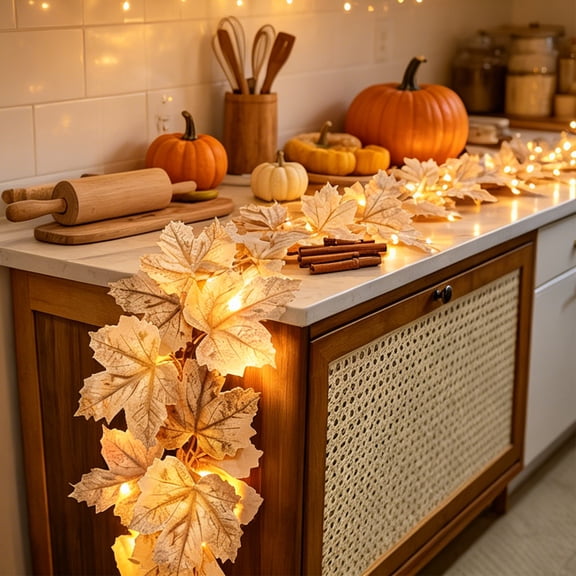 Sruoe Halloween Thanksgiving Day LED Garland Lights, 118.11 Inch Vintage Dried Maple Leaf Garland, Flash Battery Operated String Lights, Thin Copper Wire Frame, Halloween Home Decor