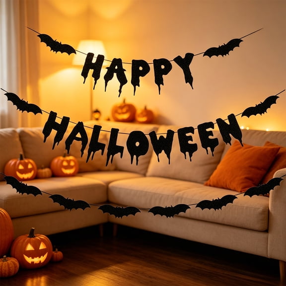 Sruoe Halloween Thanksgiving Day Paper Banner Garland, 196.85 Inch Horror Letter Pull Flag Garland, Pre Assembled Glitter Paper Craft, Halloween Home Decor