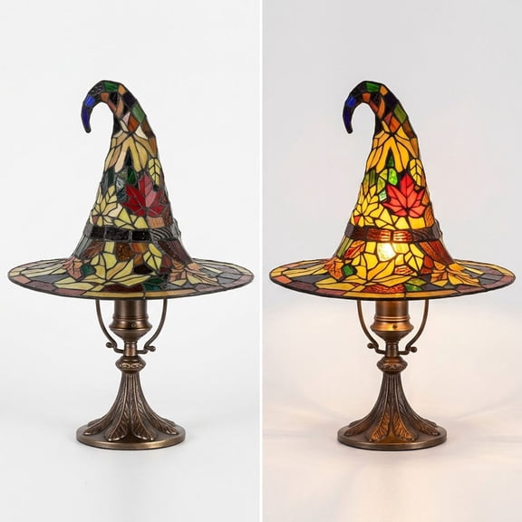 Sruoe Halloween Witch Hat Table Lamp, Halloween Decorations Indoor, Stained Glass Maple Leaf LED Night Light, Vintage USB Powered Accent Desk Lamp for Bedroom Farmhouse Fall Holiday Tabletop Decor