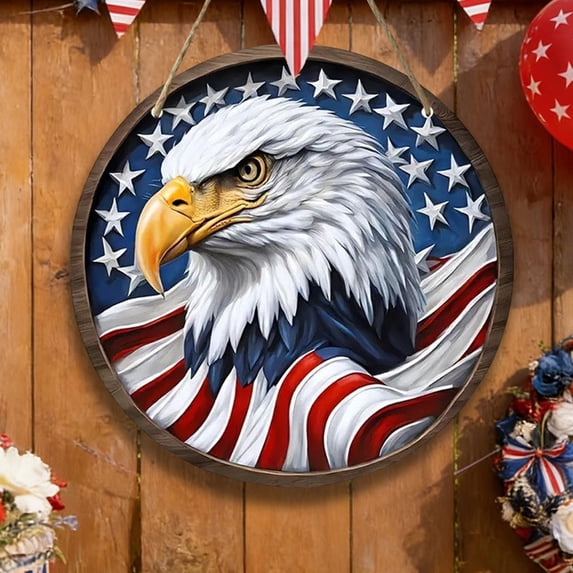 Sruoe Independence Day America Wooden Hanging Decoration Patriotic Round Wall Decor For Home And Porch Festival Celebration Hanging Board Decoration