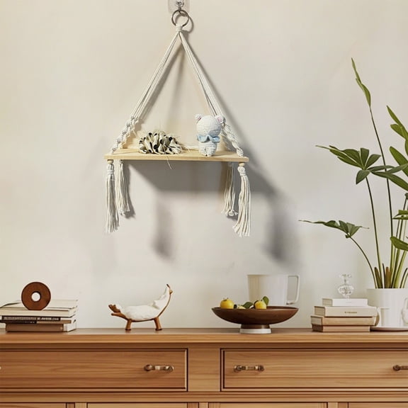Sruoe Macrame Hanging Plant Stand, White Boho Wood Floating Plant Shelf, Woven Flower Pot Stands Plant Holder for Living Room Bedroom Wall Decor