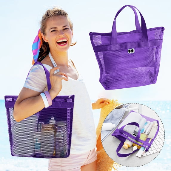 Sruoe Mesh Beach Bag, Beach Tote Bags for Women, Mesh Tote with Multiple Pockets, Quick Dry Beach Bag, Shoulder Bag for Beach Pool Travel Vacation, Vacation Essentials
