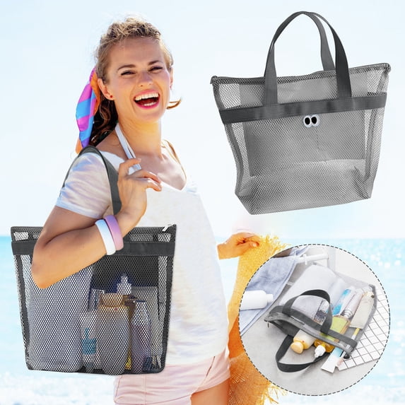 Sruoe Mesh Beach Bag, Beach Tote Bags for Women, Mesh Tote with Multiple Pockets, Quick Dry Beach Bag, Shoulder Bag for Beach Pool Travel Vacation, Vacation Essentials