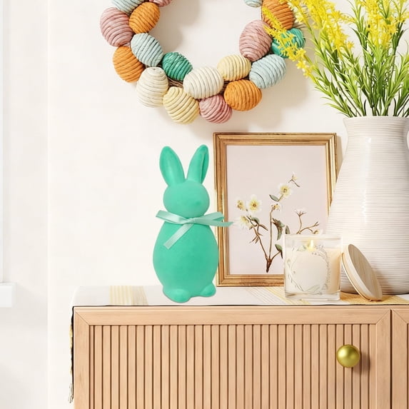 Sruoe Modern Green Flocked Rabbit Decor, Minimalist Bunny Figurine for Home Office Desktop, Easter Decoration Spring Farmhouse Gift