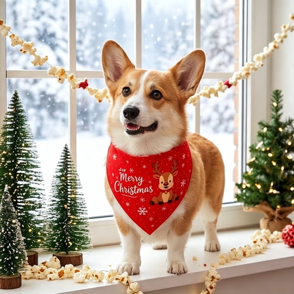 Sruoe Pet Holiday Triangle Bandana, Red Reindeer Snowflake Merry Christmas Print Tie‑On Dog Scarf, Holiday Bib for Dogs & Cats, Christmas Pet Accessory