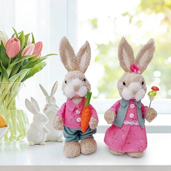 Sruoe Pink Handcrafted Straw Easter Bunny Couple, Rustic Woven Rabbit Pair with Carrot & Flower, Easter Home Decor Tabletop Decoration Spring Farmhouse Gift