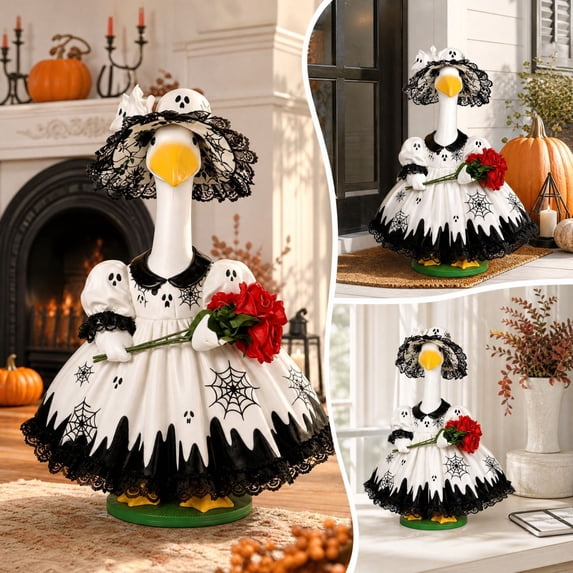 Sruoe Porch Goose Outfits, Spider‑Web Lace Dress with Bouquet Accessory Porch Goose Halloween Outfit, Porch Goose Clothes 23 Inch Cement Goose Clothes Dress for Garden Yard Lawn Patio Statue Decor