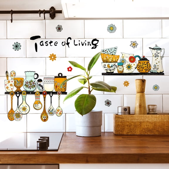 Sruoe Removable Vinyl Kitchen Wall Quote Stickers, Fork Spoon Cup Pattern Self Adhesive Dining Room Tile Glass Door Decor, Waterproof Oil Proof Easy Peel Off Home Art Decal