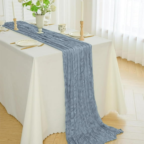 Sruoe Sage Blue Cheesecloth Table Runner, 35x71 Inch Boho Decor for Kitchen Dining Table Home Party Wedding Centerpiece Decoration Spring Gift