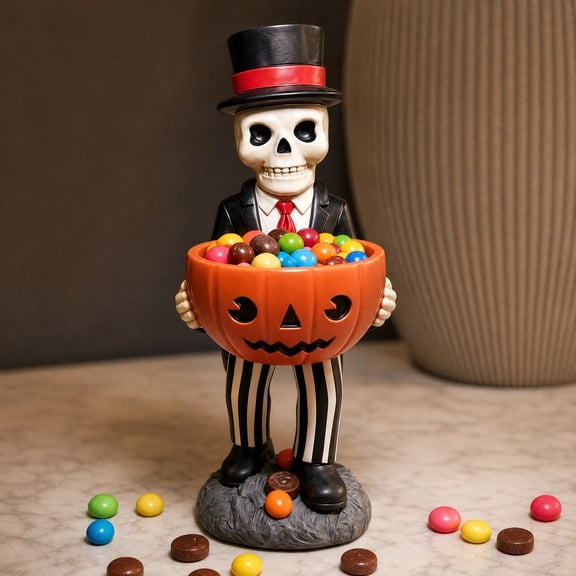 Sruoe Skeleton Halloween Candy Bowl Statue Spooky Skull Figure Vintage Fall Porch Decor Resin Figurine for Front Door