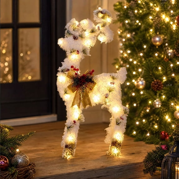 Sruoe Snow Flocked Pre‑Lit Reindeer Christmas Decor, 29.5In Lighted Standing Reindeer Ornament with Gold Bow Pine Cones Red Berry for Indoor Outdoor Xmas Yard Porch Lawn Holiday Decor