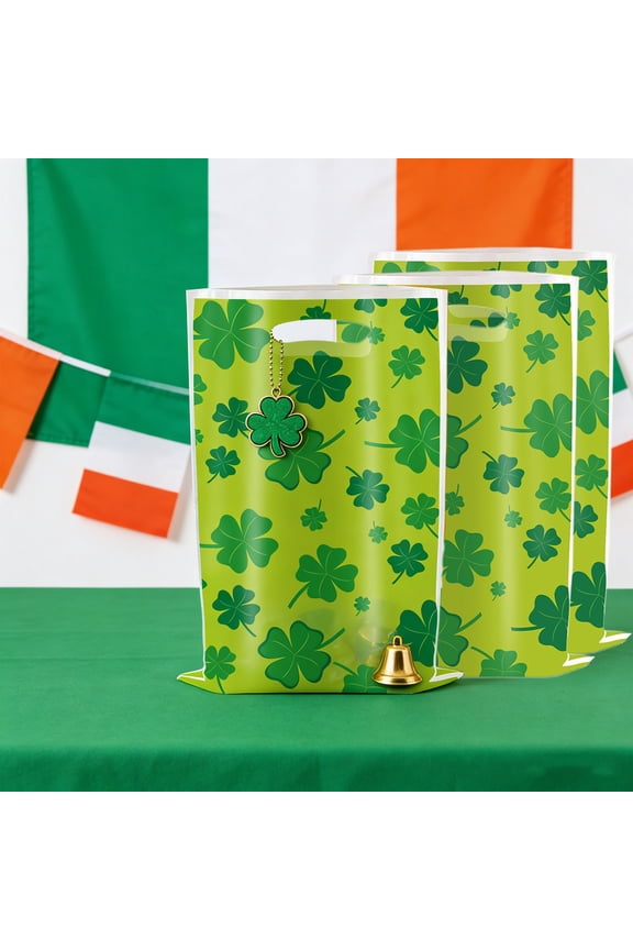 St Patrick's Day Gift Bags 10 Pack Green Shamrock Treat bags with Handles, Clover Candy Goody Bags St. Patricks Party Favor Paper Bags for Irish Holiday Party