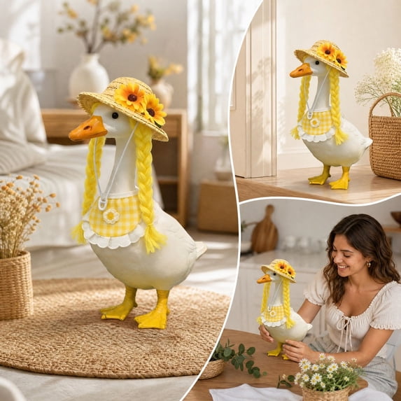 Sruoe Summer Sunflower Straw Hat with Braids Outfit for 23‑Inch Cement Porch Goose Statue, Summer Yard Lawn Patio Decor Accessory, Statue Not Included