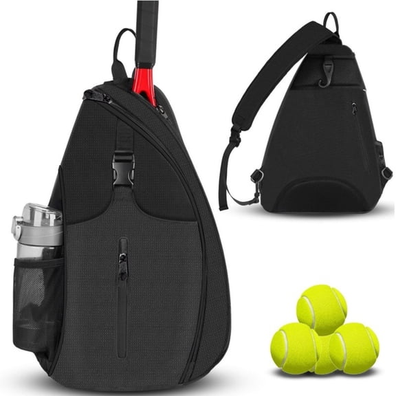 Sruoe Tennis Badminton Racket Bag, Large Capacity Sports Backpack, Adjustable Crossbody Sling Bag with Pocket Organizer for Outdoor Training Black