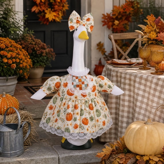 Sruoe Thanksgiving Day Porch Goose Outfits, Layered Fall Harvest Ruffled Dress with Hat, 23 Inch Porch Goose Clothes, Goose Clothes Dress for Lawn Statue Cement Statue, Yard Patio Party Decoration