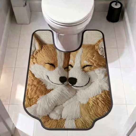 Sruoe Toilet Rug U Shaped, Double Corgi Print U‑Cut Microfiber Floor Mat 16x20 Inch, Soft Absorbent Non‑Slip Bathroom Decor Rug for Toilet Base Home Decor