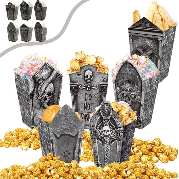 Sruoe Tombstone Paper Halloween Candy Bucket 6Pcs Set, Spooky Trick or Treat Pail Candy Basket, Foldable Halloween Candy Storage Box Halloween Candy Holder for Halloween Popcorn Snack Decoration