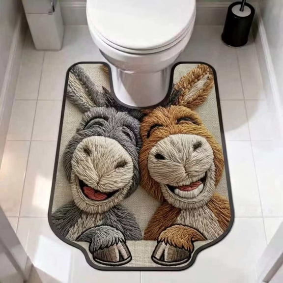 Sruoe U-Shaped Contoured Toilet Rugs for Bathroom 16x20 Inch, Double Donkey Print U‑Cut Microfiber Floor Mat, Soft Absorbent Non‑Slip Bathroom Decor Rug for Toilet Base Home Decor