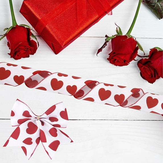Sruoe Valentine's Day Red Heart Ribbon, 1 Ribbon 2 1/2 Inch Wide,Single Face Satin Polyester Ribbon, Ribbon for Gift Wrapping Weddings, Ribbon for Hair Bows 1/2/4/5/10 in